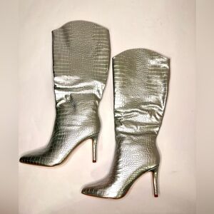 New Silver Croc Stiletto Boots - Croc-Texture Snakeskin Metallic Knee-High Boots
